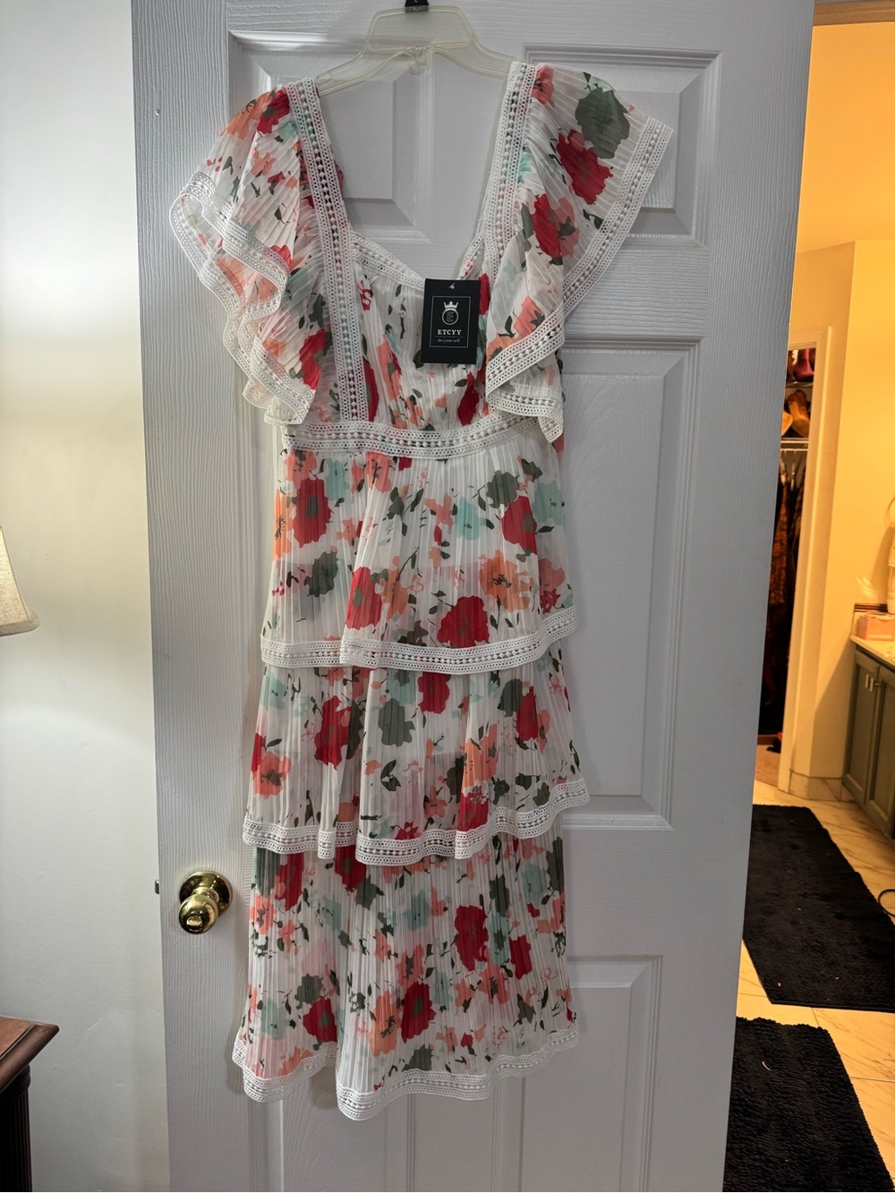 Amazon White Floral Midi Dress with Red and Green Print